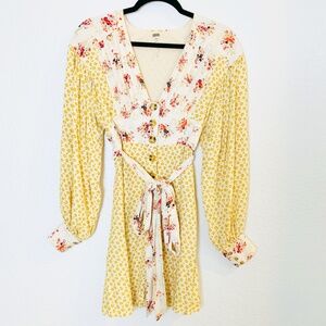 Free People Wonderland Printed Mini Dress Ivory XS Floral Boho Prairie Cottage
